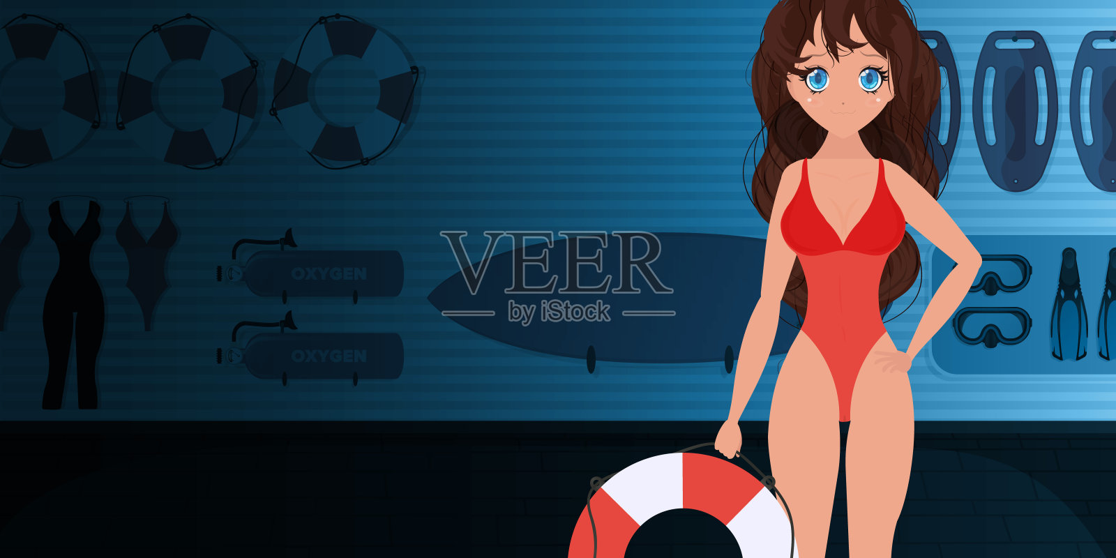 一个穿红色泳衣的女孩正拿着一个救生圈海滩救生员的女人卡通风格矢量