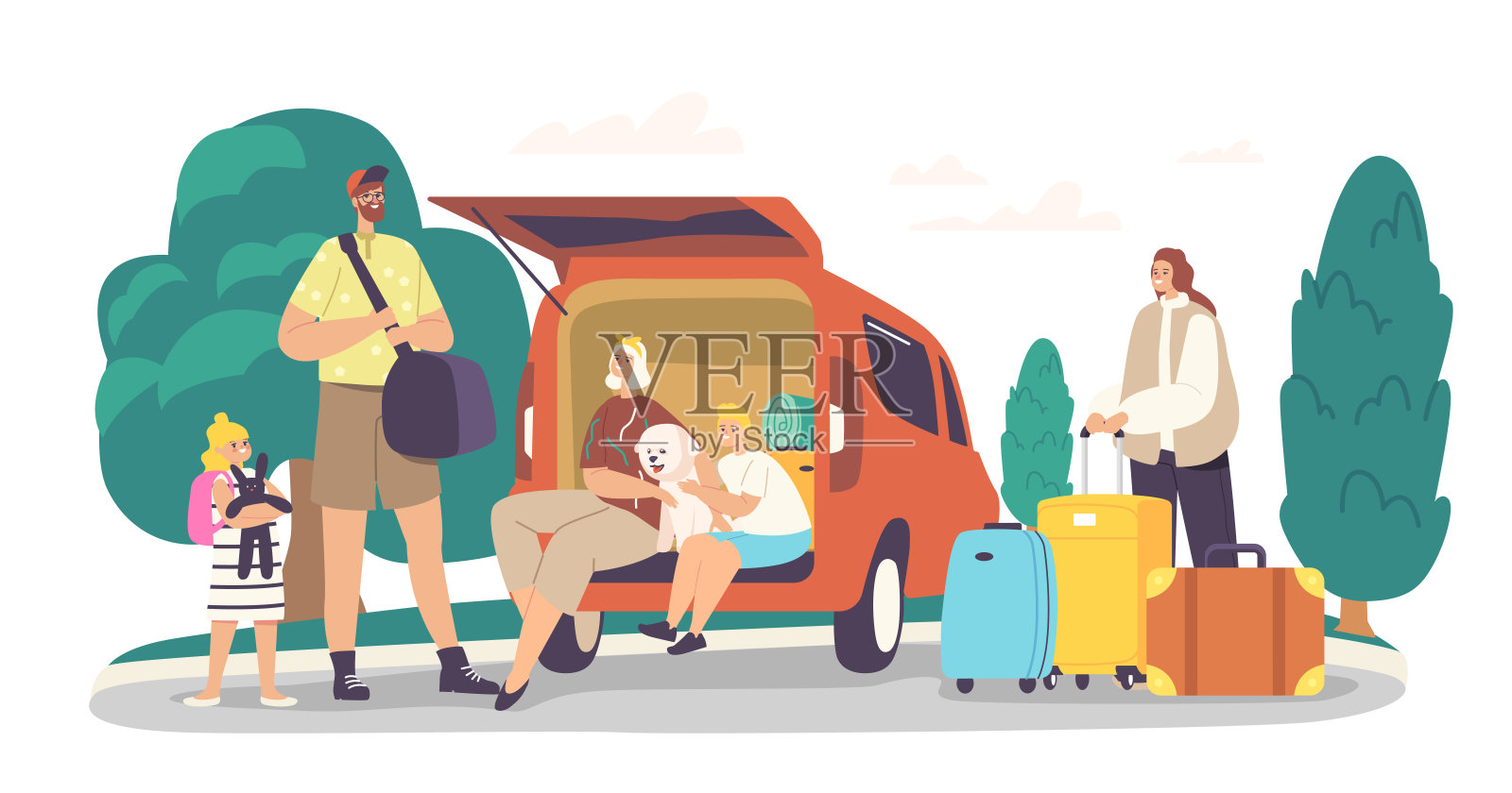 快乐的家庭人物坐在汽车后备箱和狗准备旅行。母亲，父亲和兴奋的孩子与宠物插画图片素材