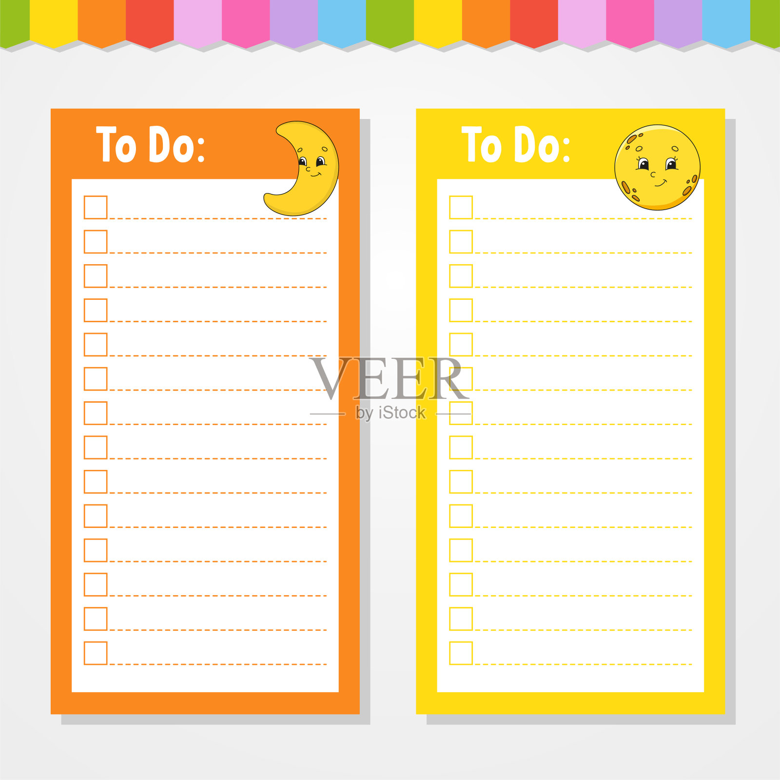 给孩子们做的清单。空的模板。新月和月亮。矩形形状。孤立的颜色矢量插图。有趣的角色。卡通风格。用于日记、笔记本、书签。插画图片素材