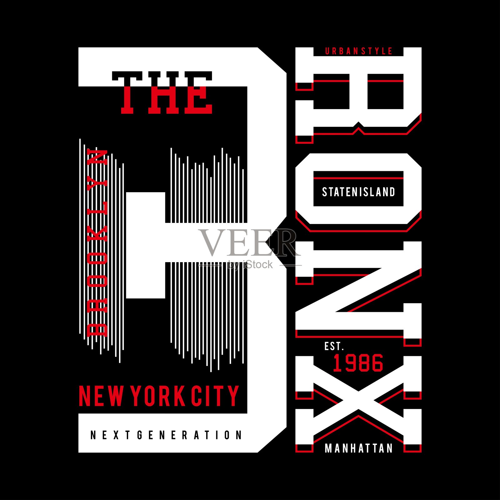 布朗克斯印刷设计t恤印，矢量插图。设计元素图片