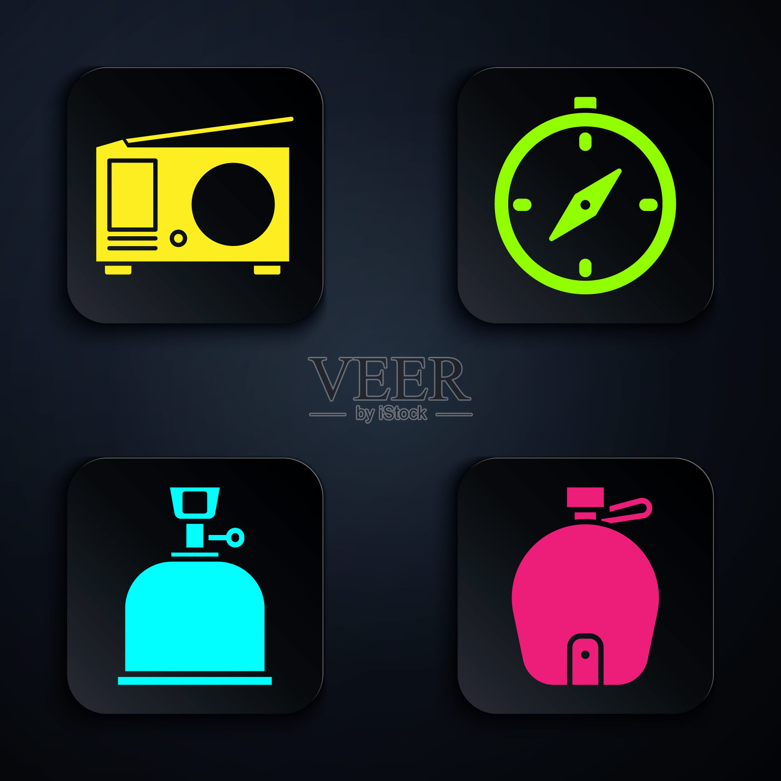 设置水壶，无线电天线，露营煤气炉和指南针。黑色方形按钮。向量图标素材