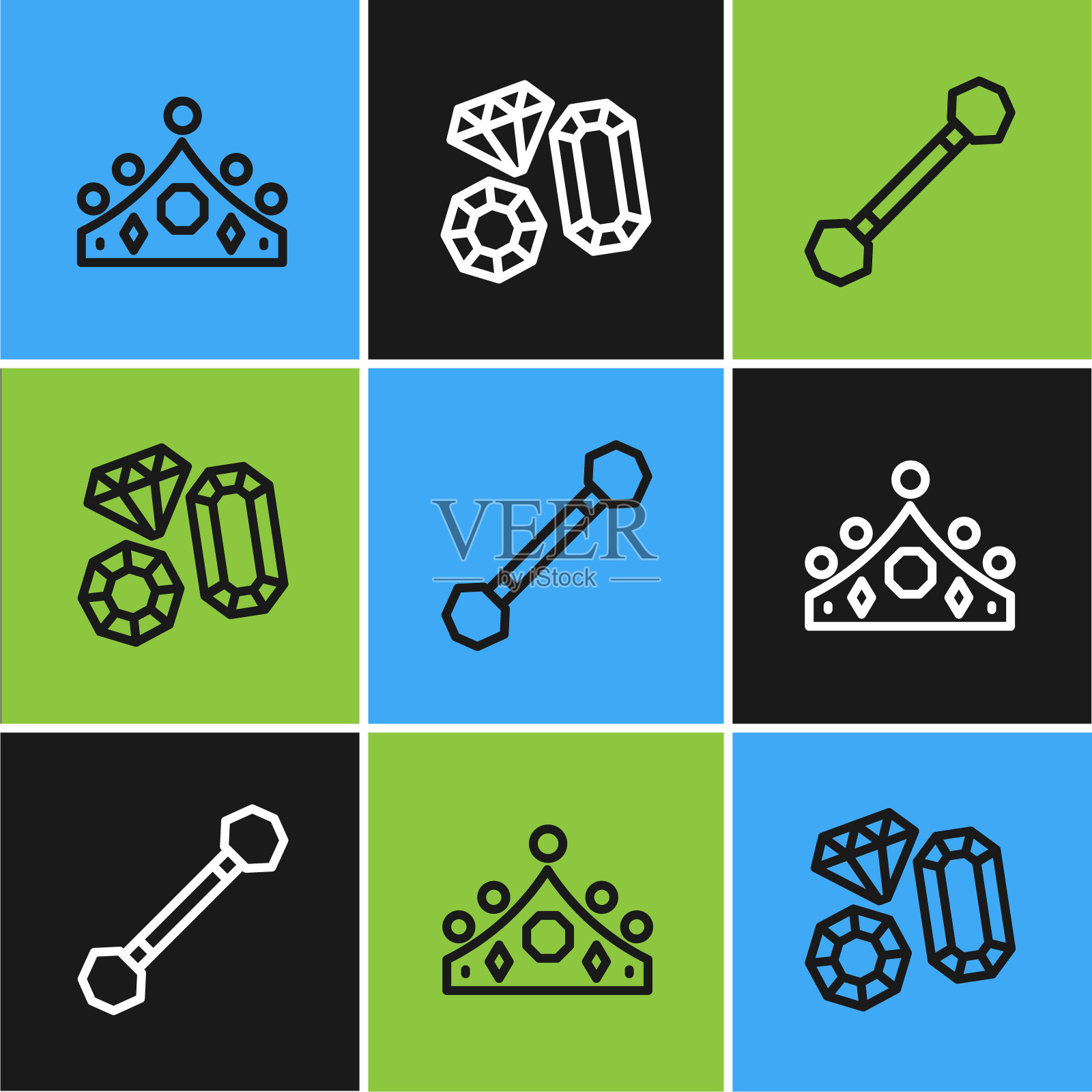 设定线王皇冠，穿刺和宝石的石头图标。向量插画图片素材