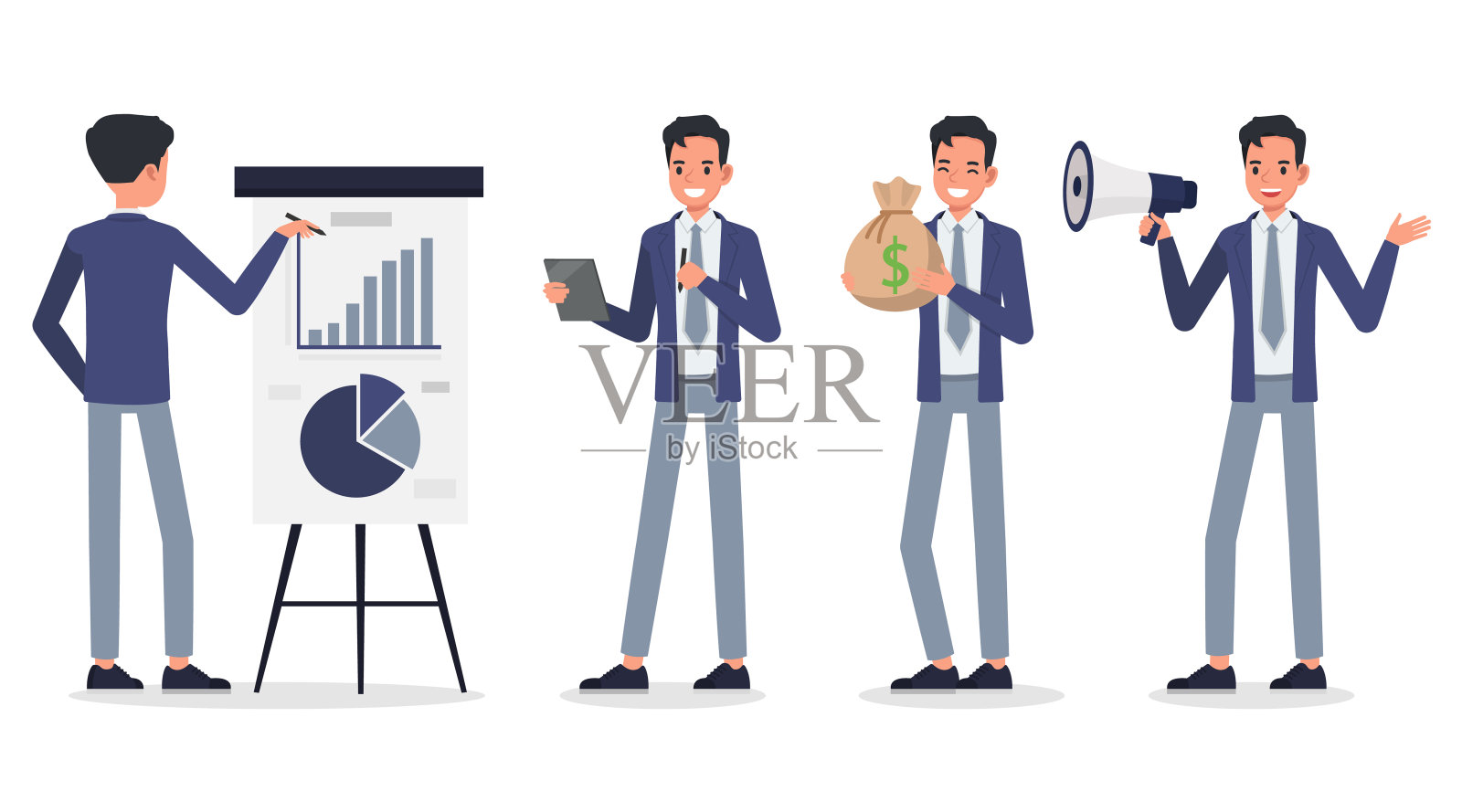 商人穿蓝色套装，性格矢量设计。在各种动作中的表现。插画图片素材