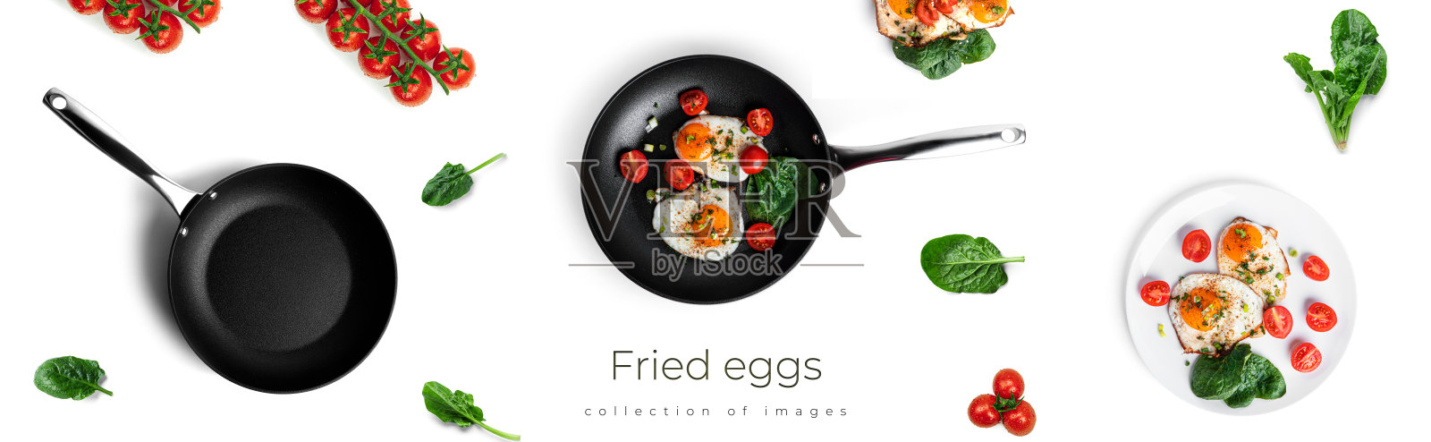 鸡蛋和蔬菜在煎锅中孤立的白色背景。平躺照片摄影图片