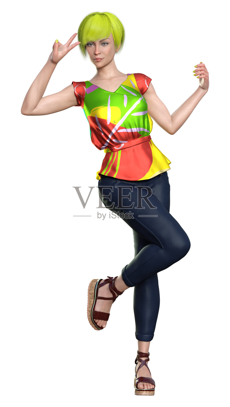 3D插图少女在白色照片摄影图片