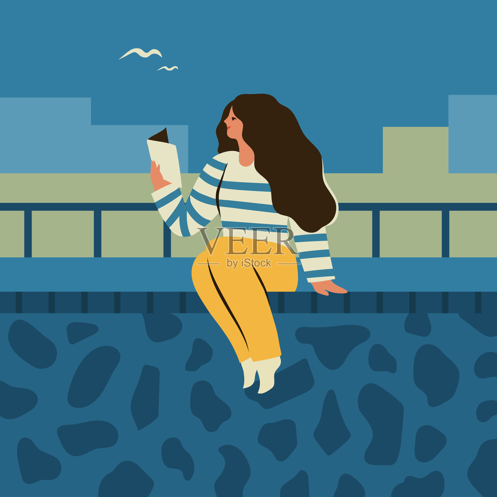 年轻女子坐在户外看书插画图片素材