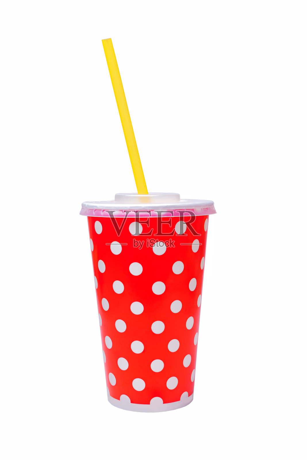 有红色圆点和吸管的纸板玻璃。照片摄影图片