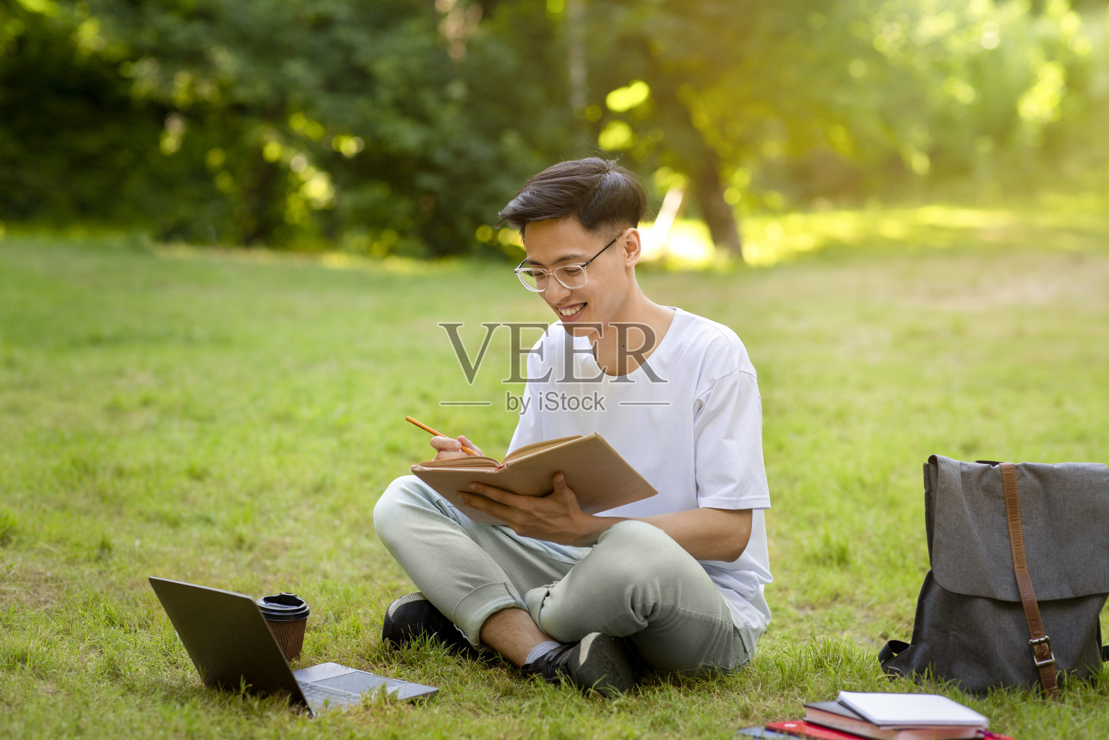 户外学习。微笑的亚洲男学生在公园的草坪上看书照片摄影图片
