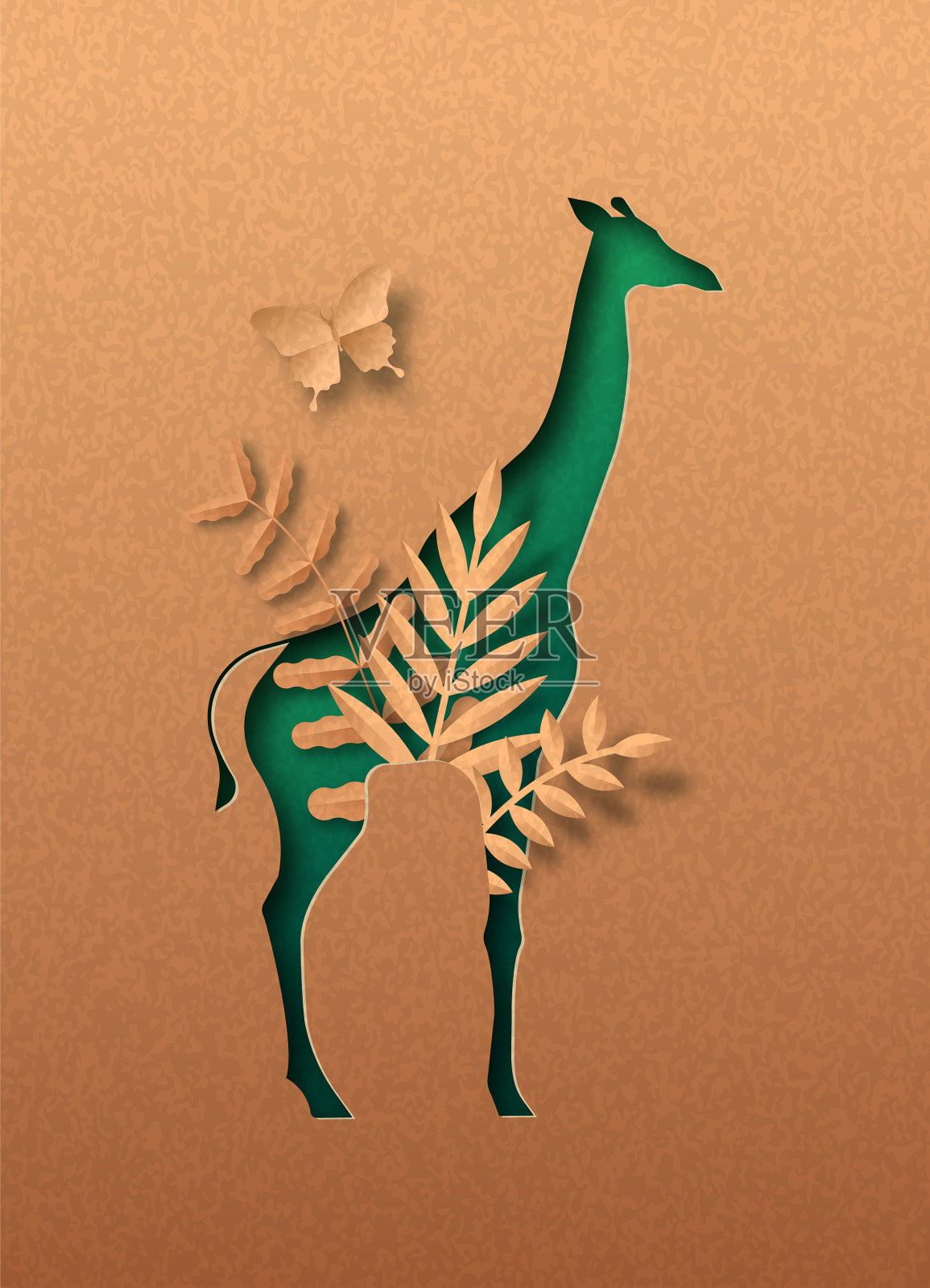 长颈鹿绿色剪纸生态再生纸的概念插画图片素材
