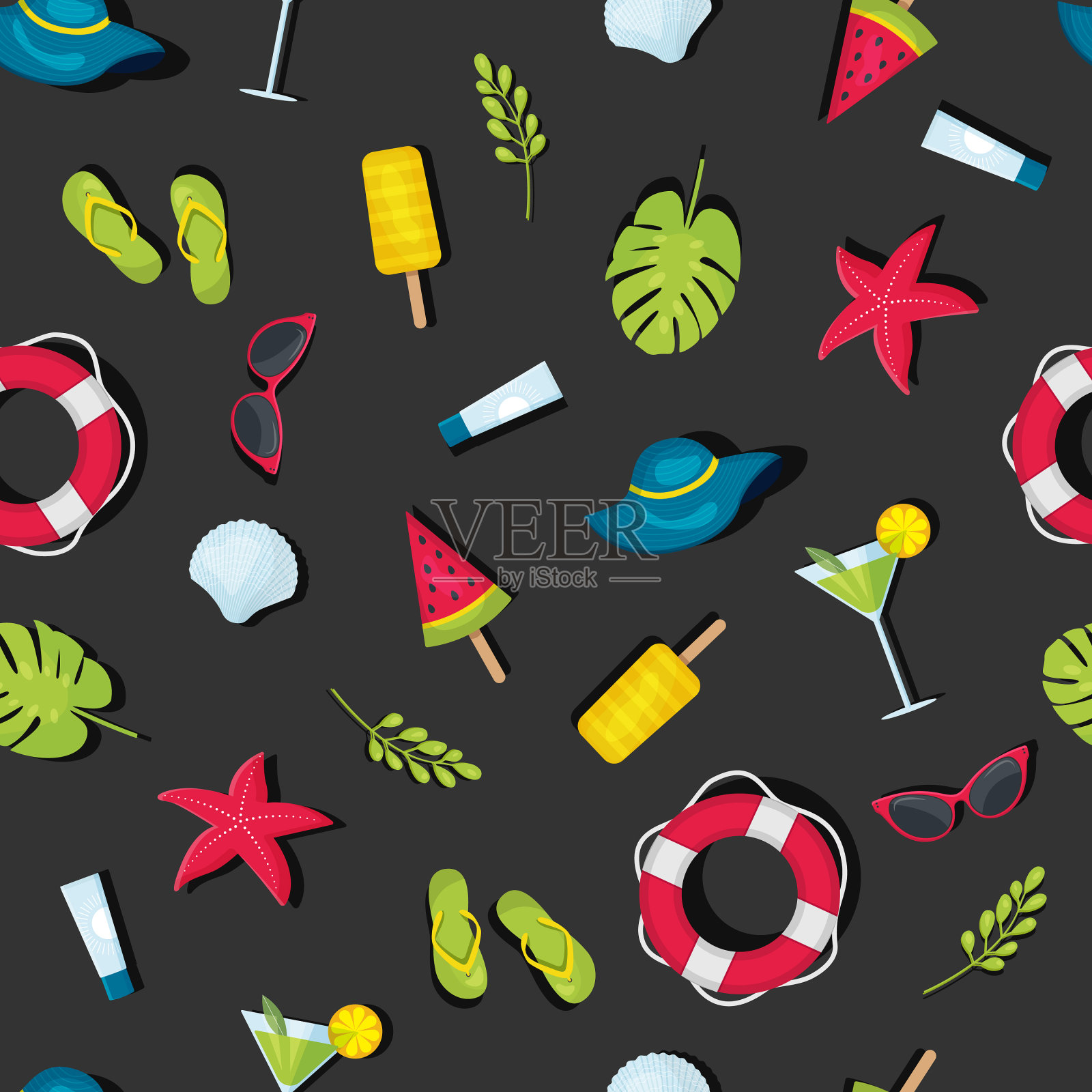 图案夏季元素在一个黑暗的背景插画图片素材