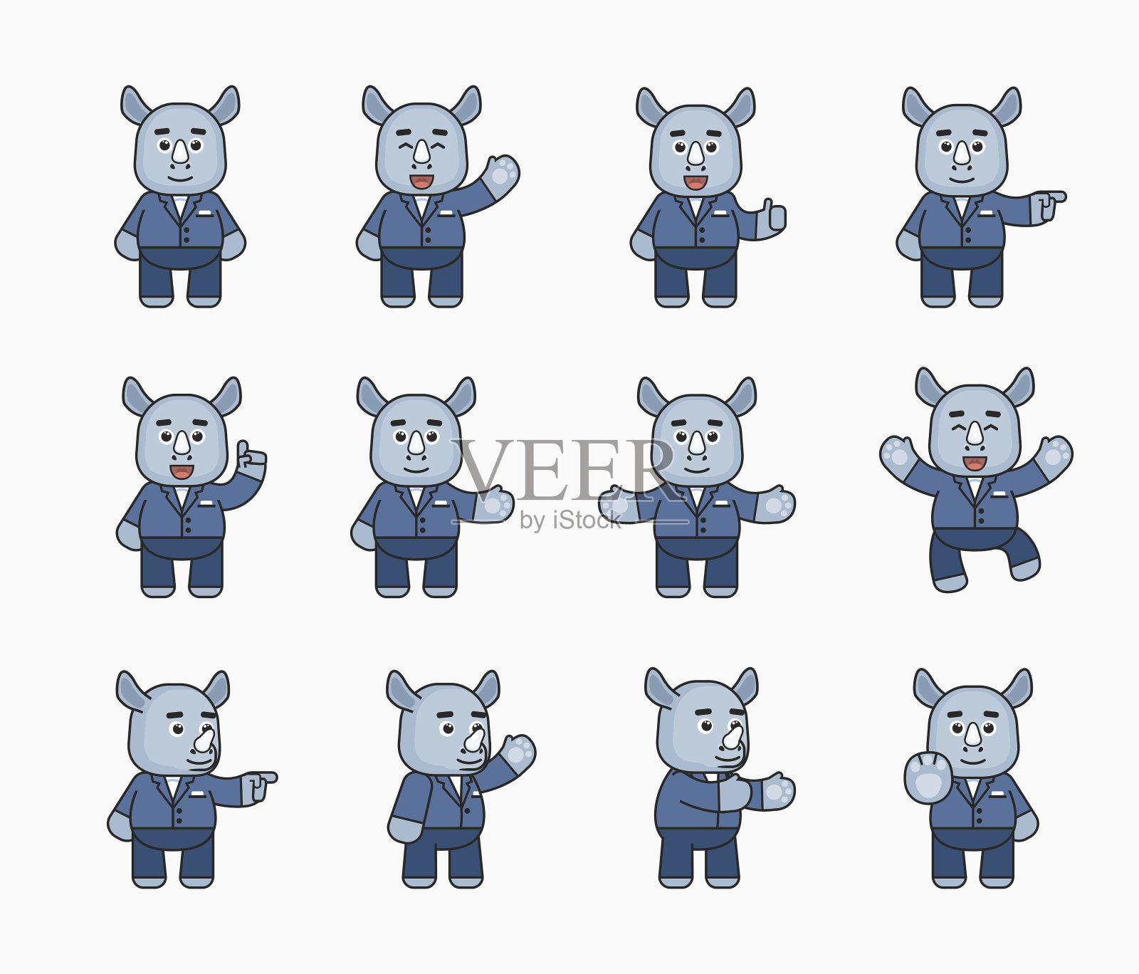 犀牛人物穿着西装，摆出各种手势插画图片素材