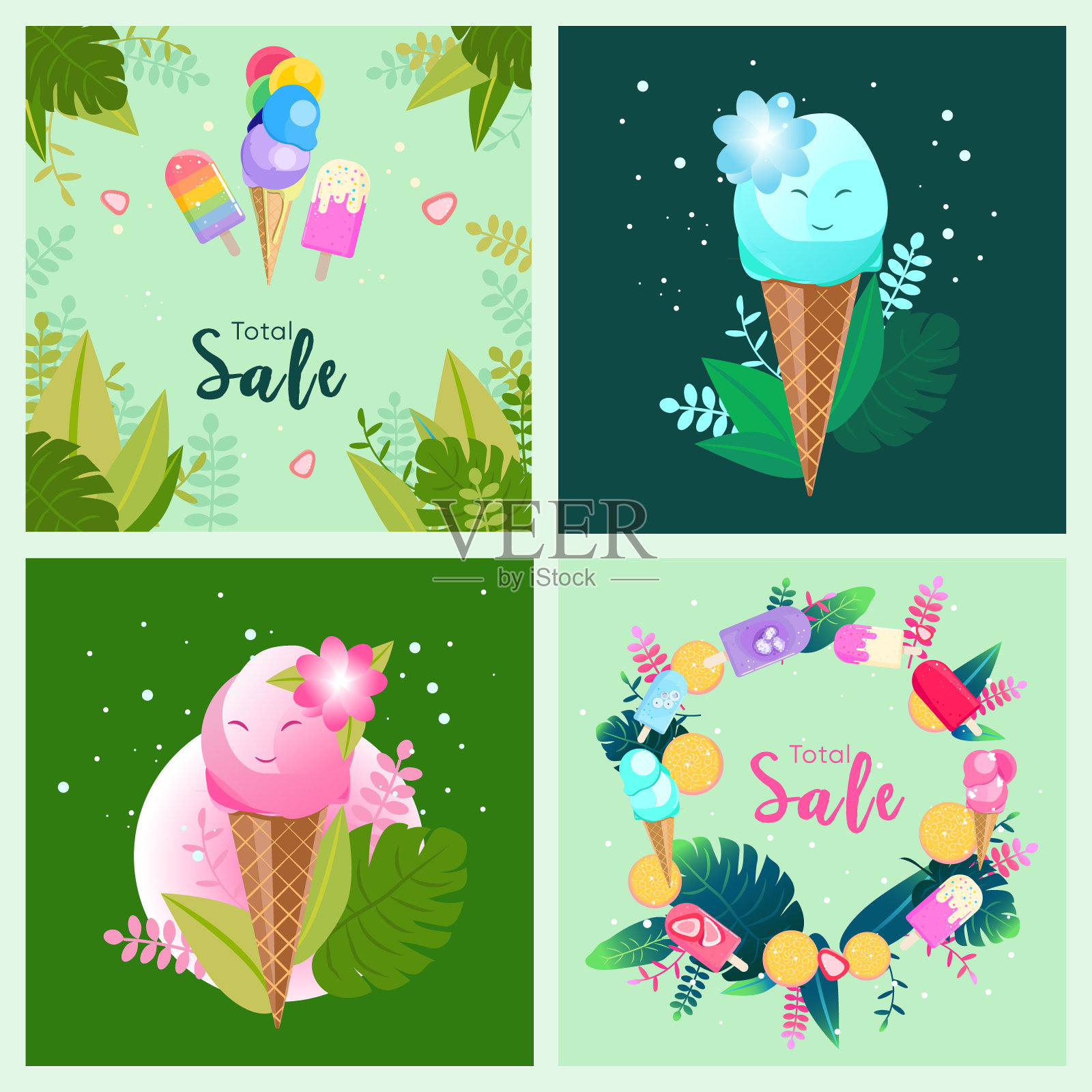 收集的冰淇淋，花和叶子的夏季横幅为社会媒体广场张贴，横幅，传单插画图片素材