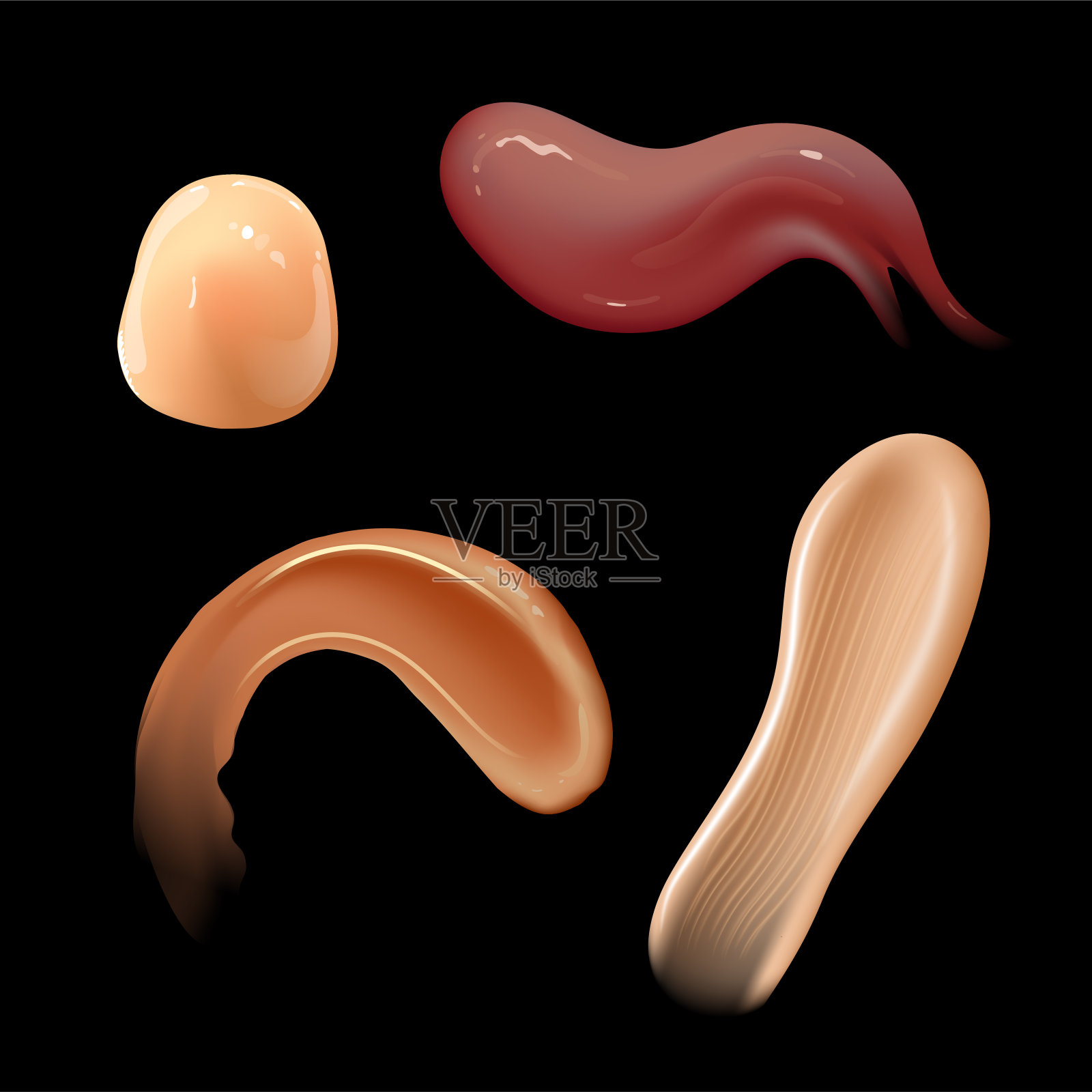 一套逼真的化妆品霜涂抹。不同肤色的爽肤水。乳液光滑涂抹孤立的矢量纹理在黑色的背景。插画图片素材