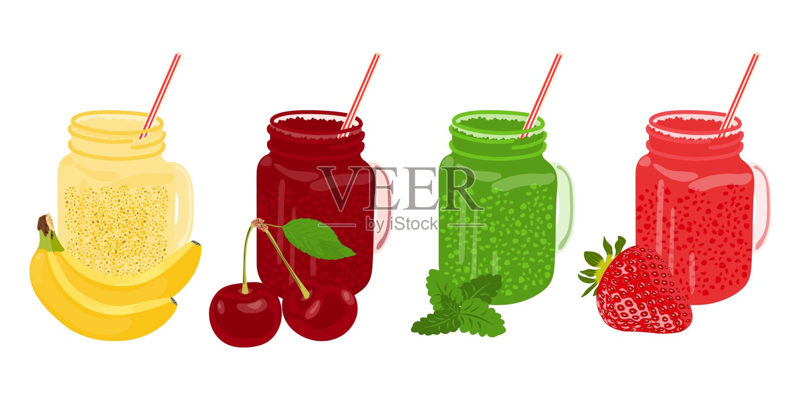 一套装有水果冰沙的玻璃瓶插画图片素材