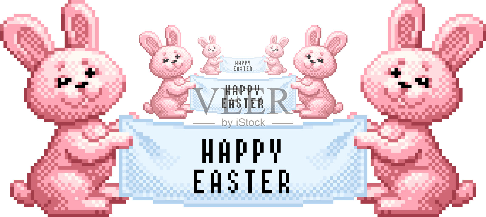 像素艺术卡通复活节兔子和快乐插画图片素材
