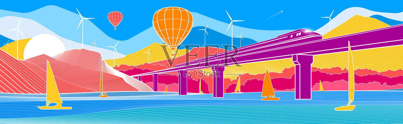 色彩鲜艳的山景。基础设施和运输说明。气球飞行。火车在桥上行驶。水上的船。白色轮廓上的彩色背景。矢量设计艺术插画图片素材