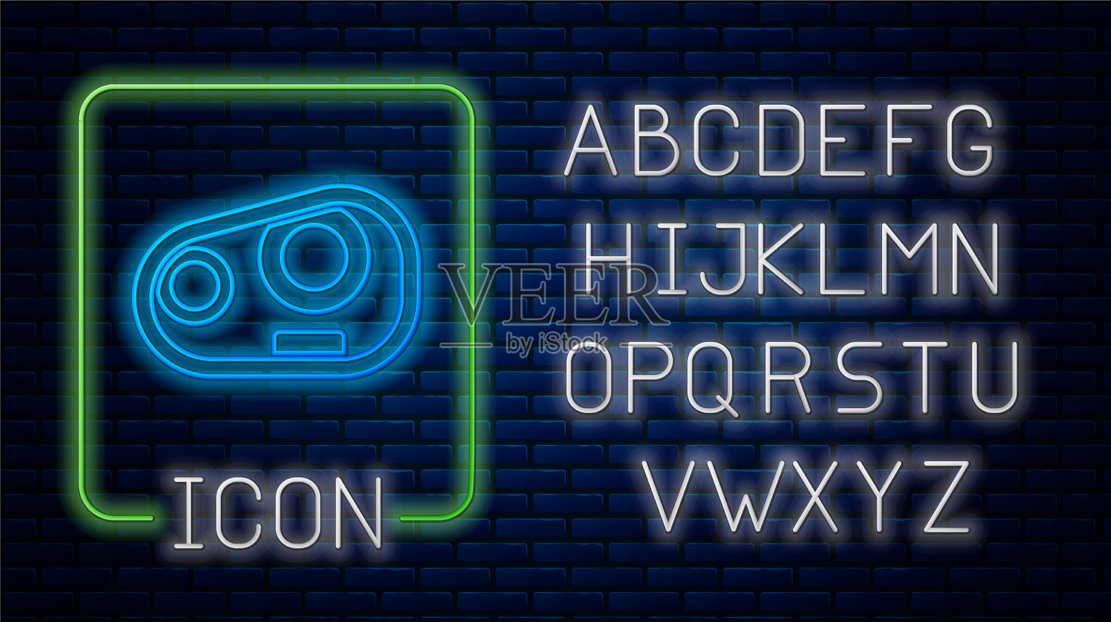 发光的霓虹灯汽车大灯图标孤立在砖块上插画图片素材