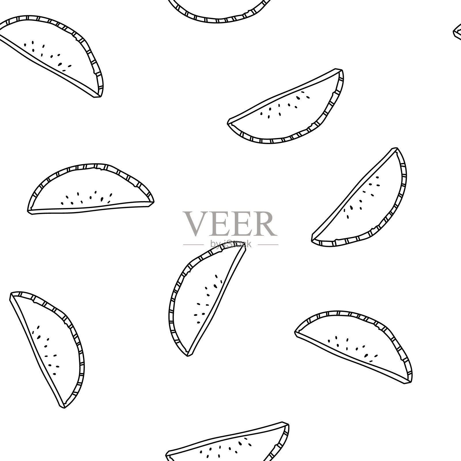 无缝模式手绘矢量图的切片西瓜。适合背景，纺织品设计，壁纸。卡通涂鸦风格的背面和白色的颜色。插画图片素材