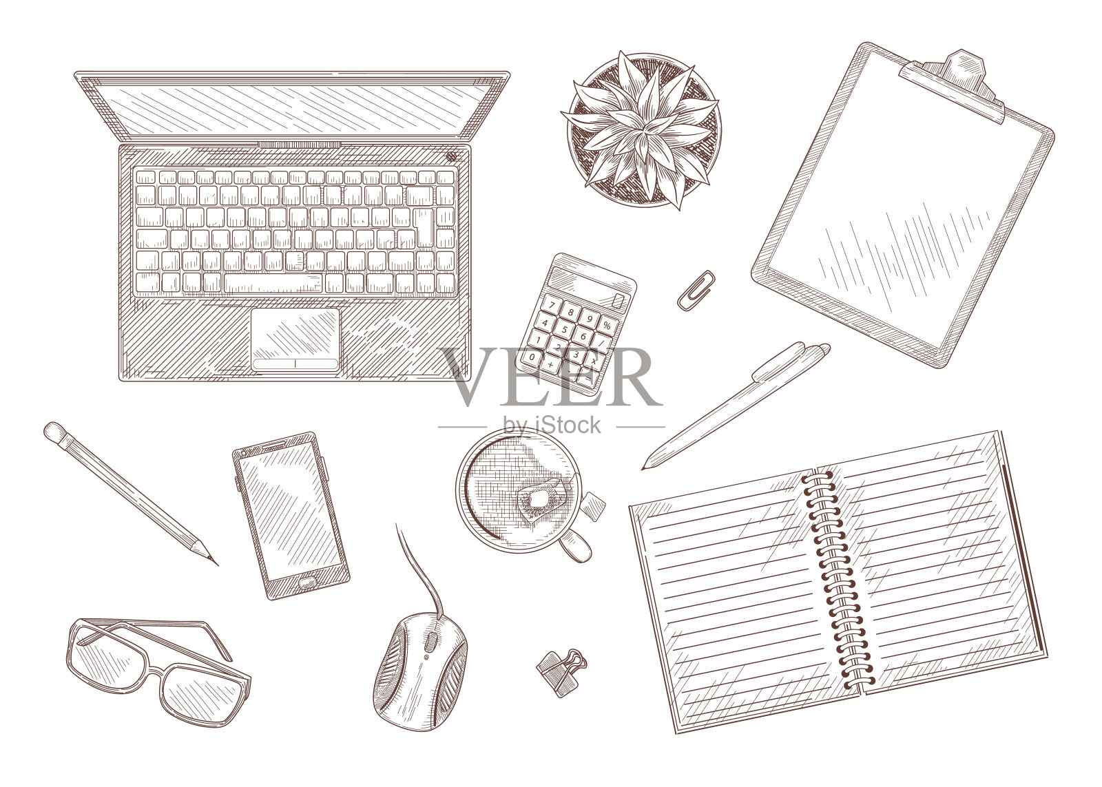 手绘复古素描的桌面与笔记本电脑和文具插画图片素材