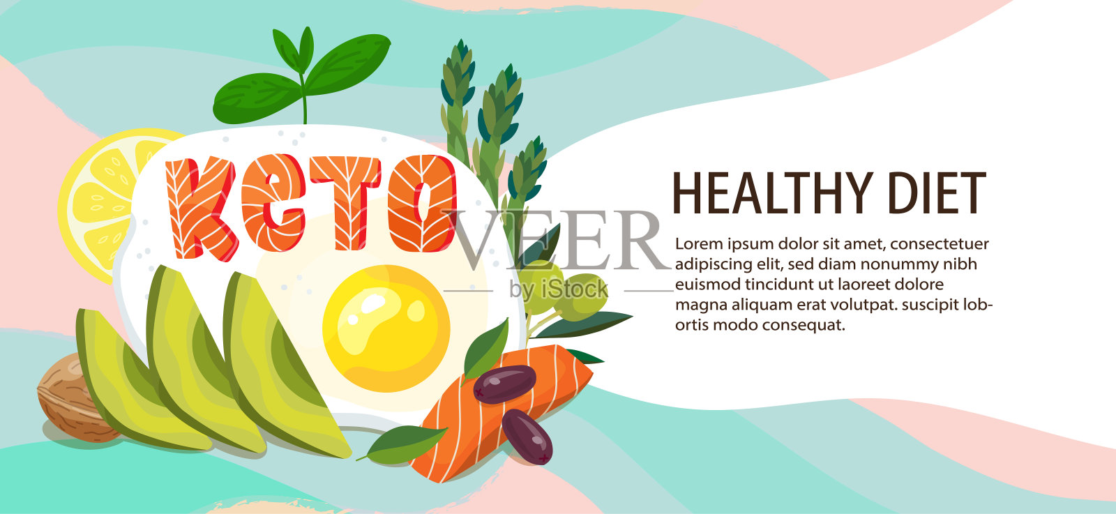 酮饮食模板。生酮健康脂肪食品横幅与文字的地方。插画图片素材