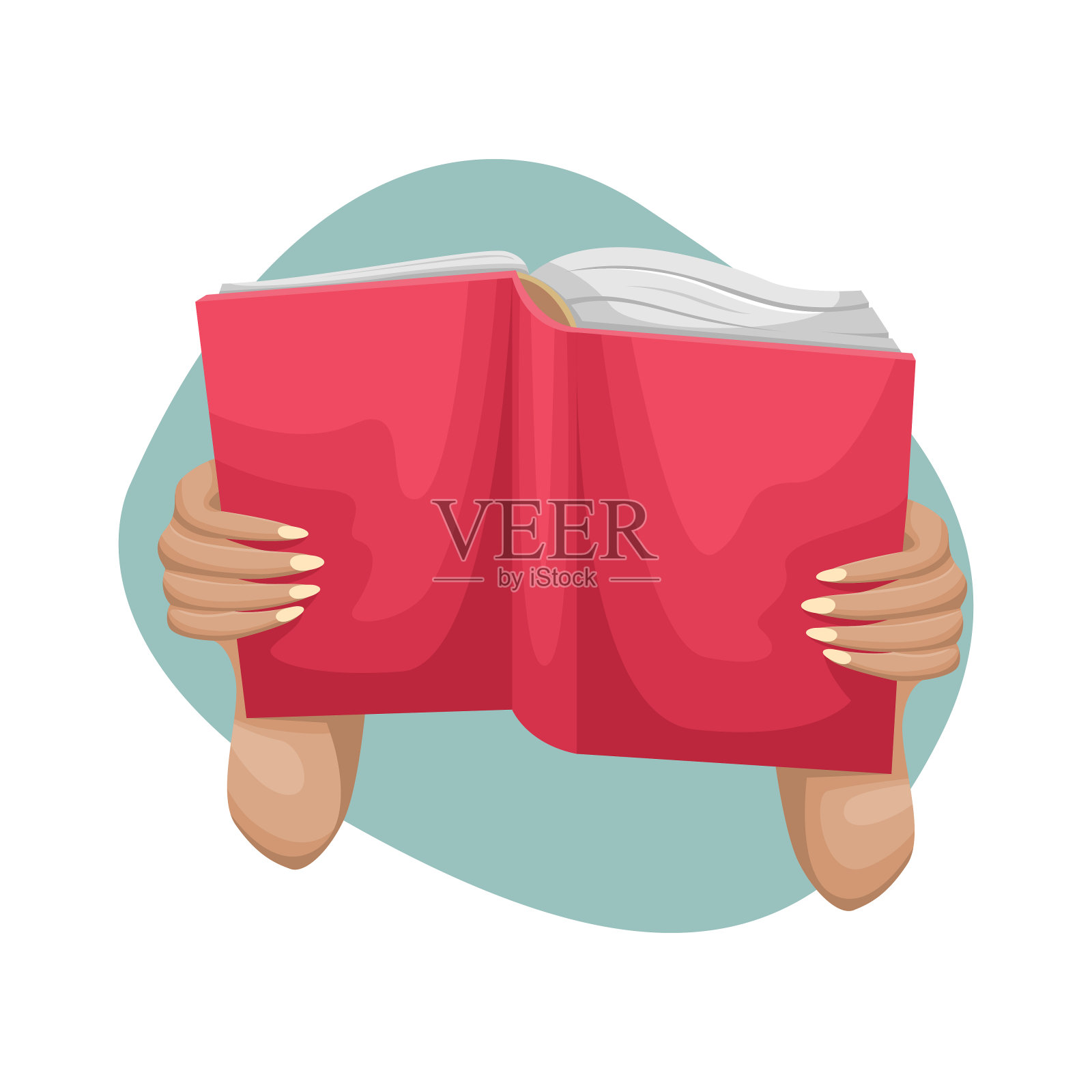 一个女人手里拿着一本打开的书。一个人读精装书。插画图片素材