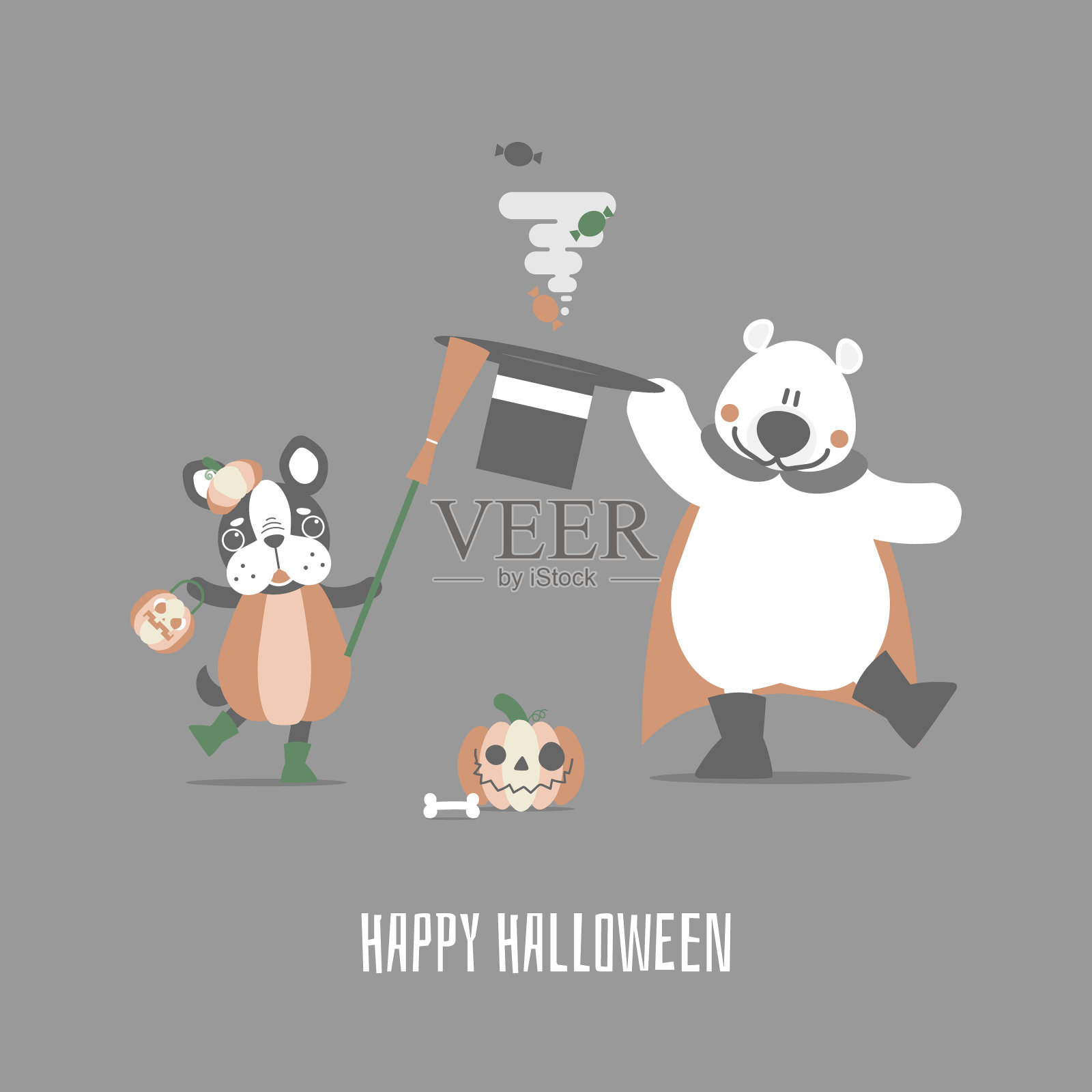 万圣节快乐节日与泰迪熊南瓜狗拿扫帚插画图片素材