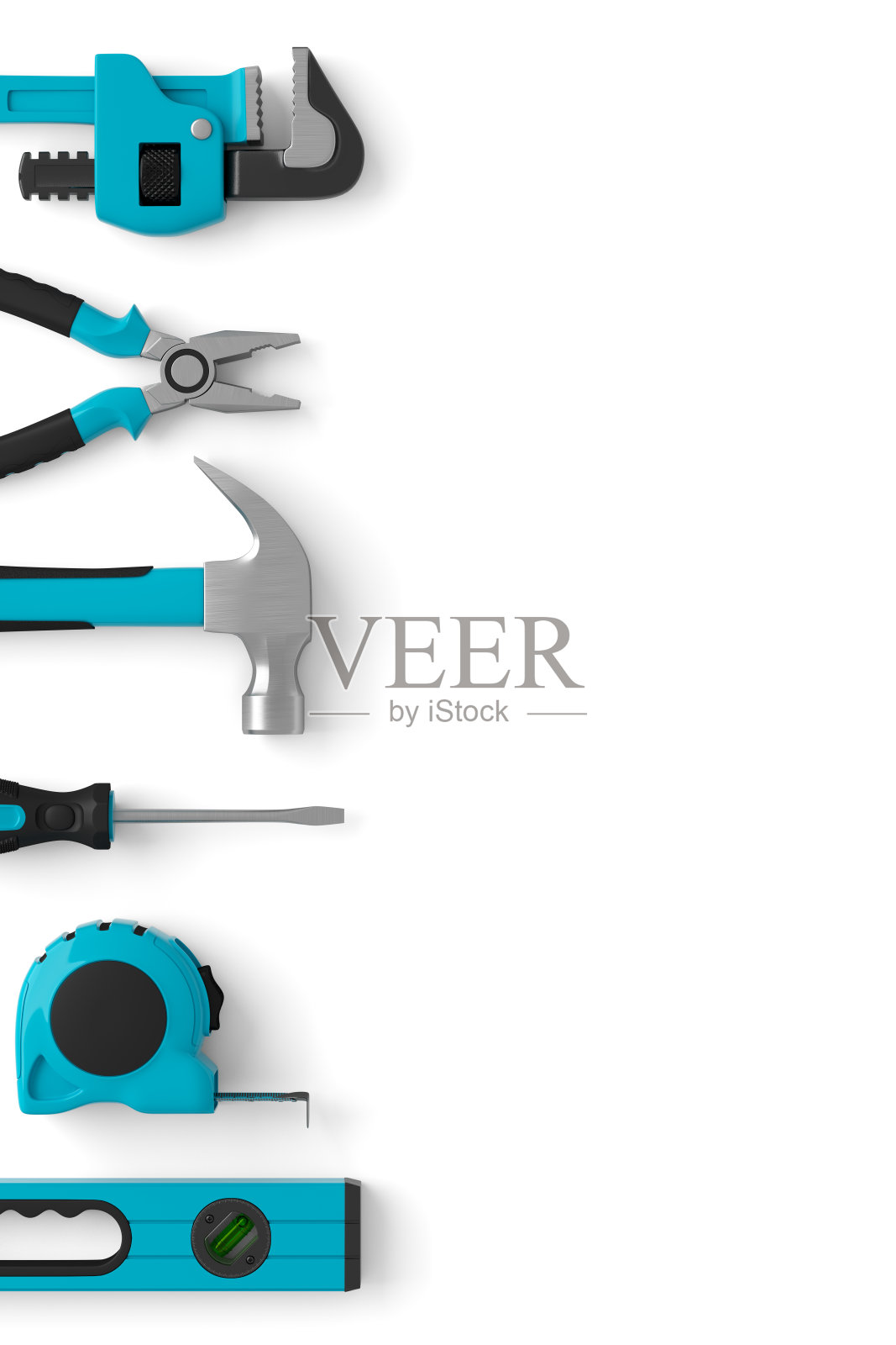 俯视图绿色建筑工具维修和安装在白色照片摄影图片