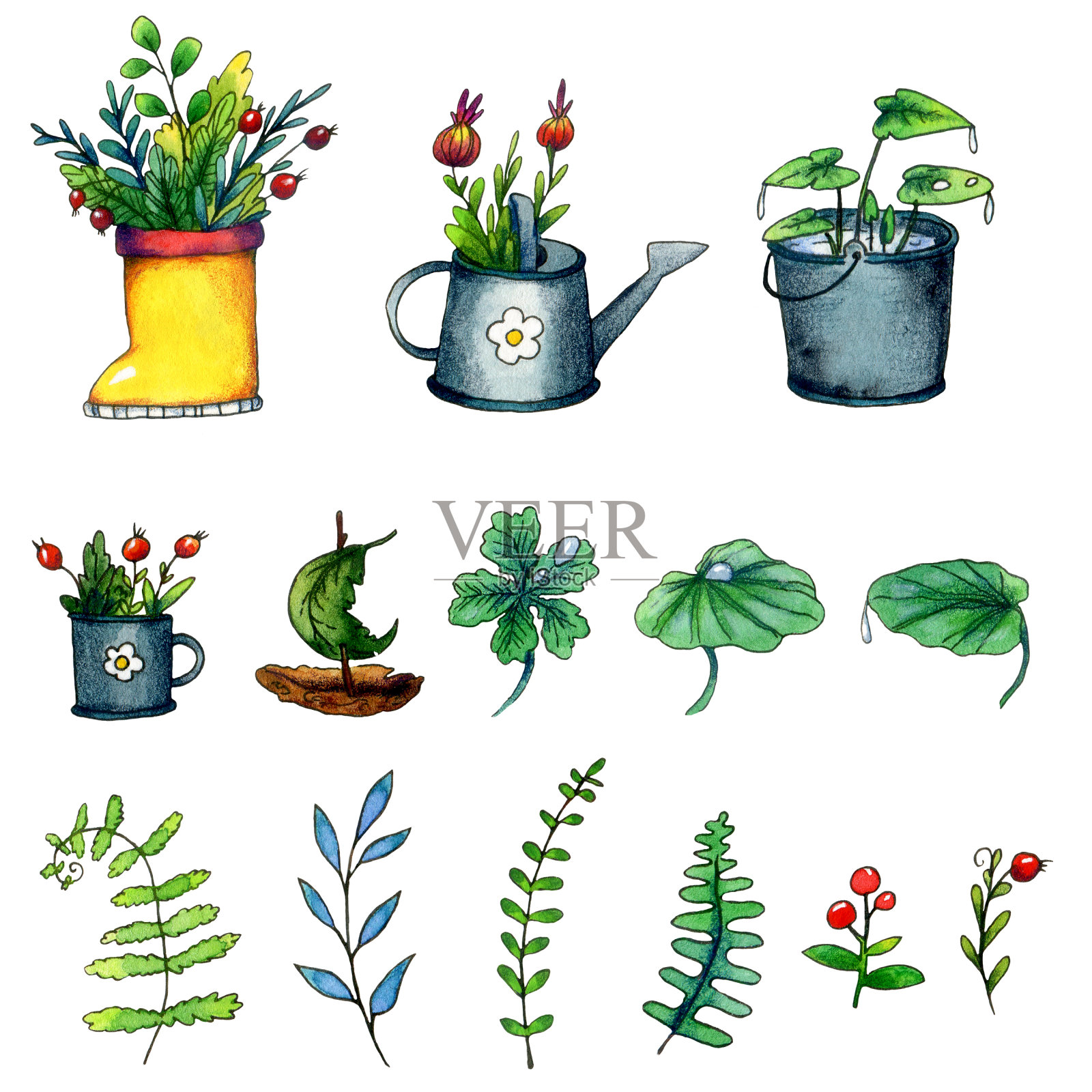 一套水彩元素-黄色橡胶靴与树叶和浆果，浇花罐，水桶与树叶，玩具船，森林植物，蕨叶和野生浆果在白色的背景。设计元素图片