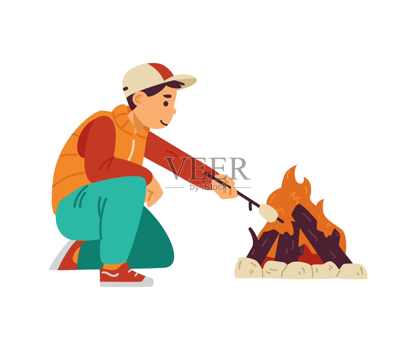 小男孩烤棉花糖在篝火露营矢量插图插画图片素材
