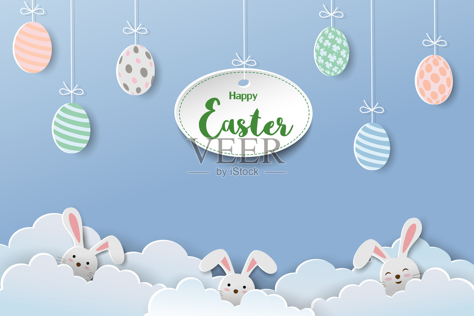 复活节彩蛋和兔子在蓝天的背景插画图片素材