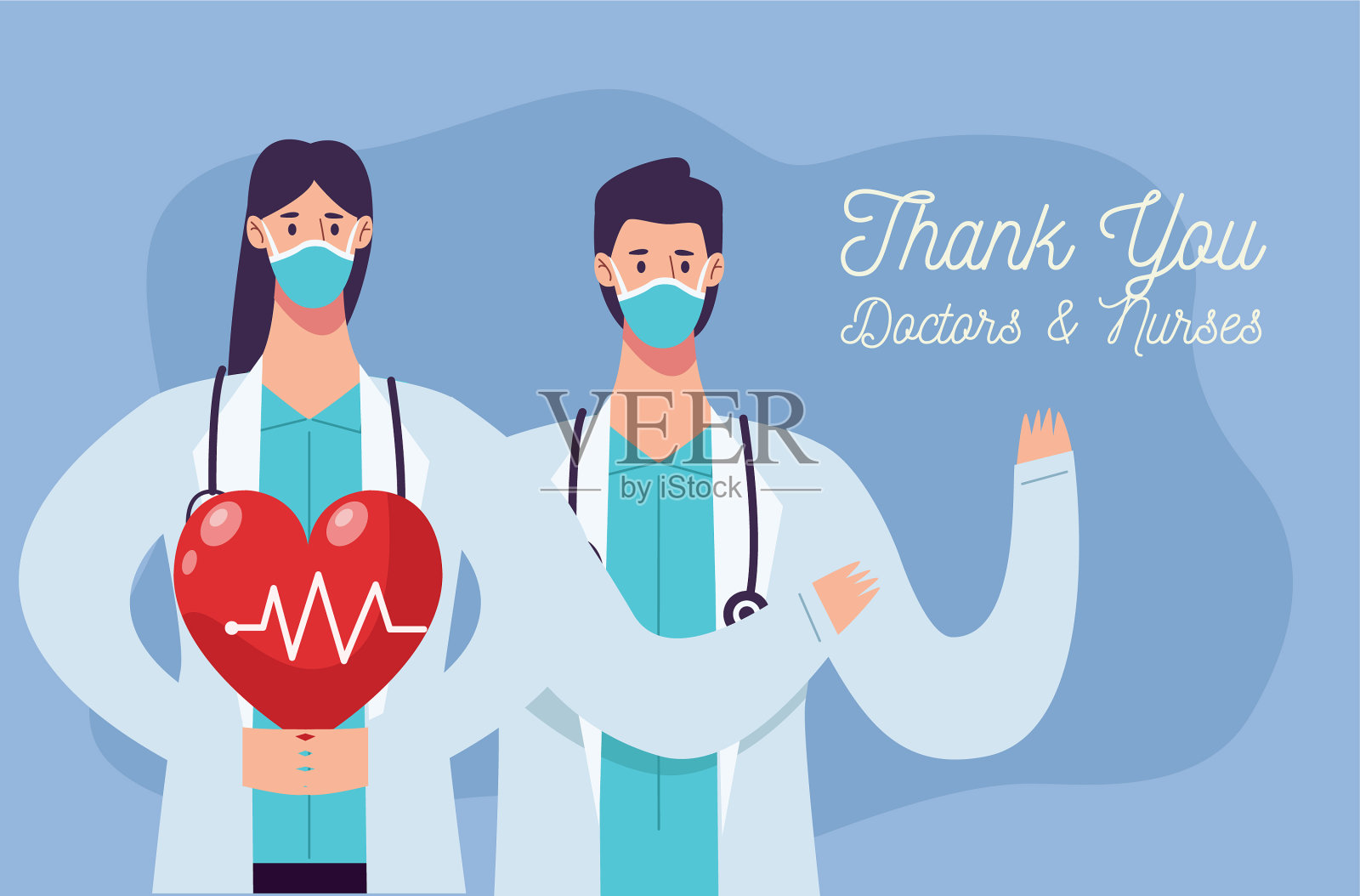 医生夫妇戴着心脏面罩插画图片素材