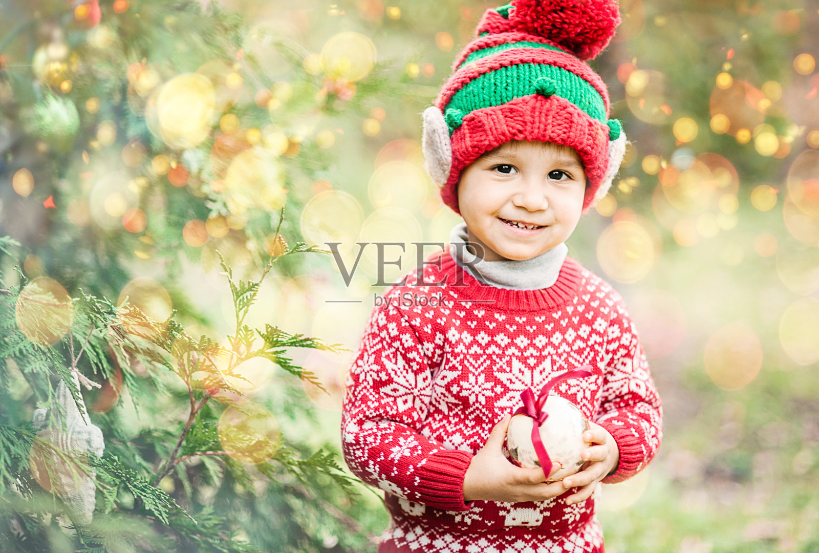 穿毛衣戴帽子的小男孩在树林里等待圣诞节的到来照片摄影图片