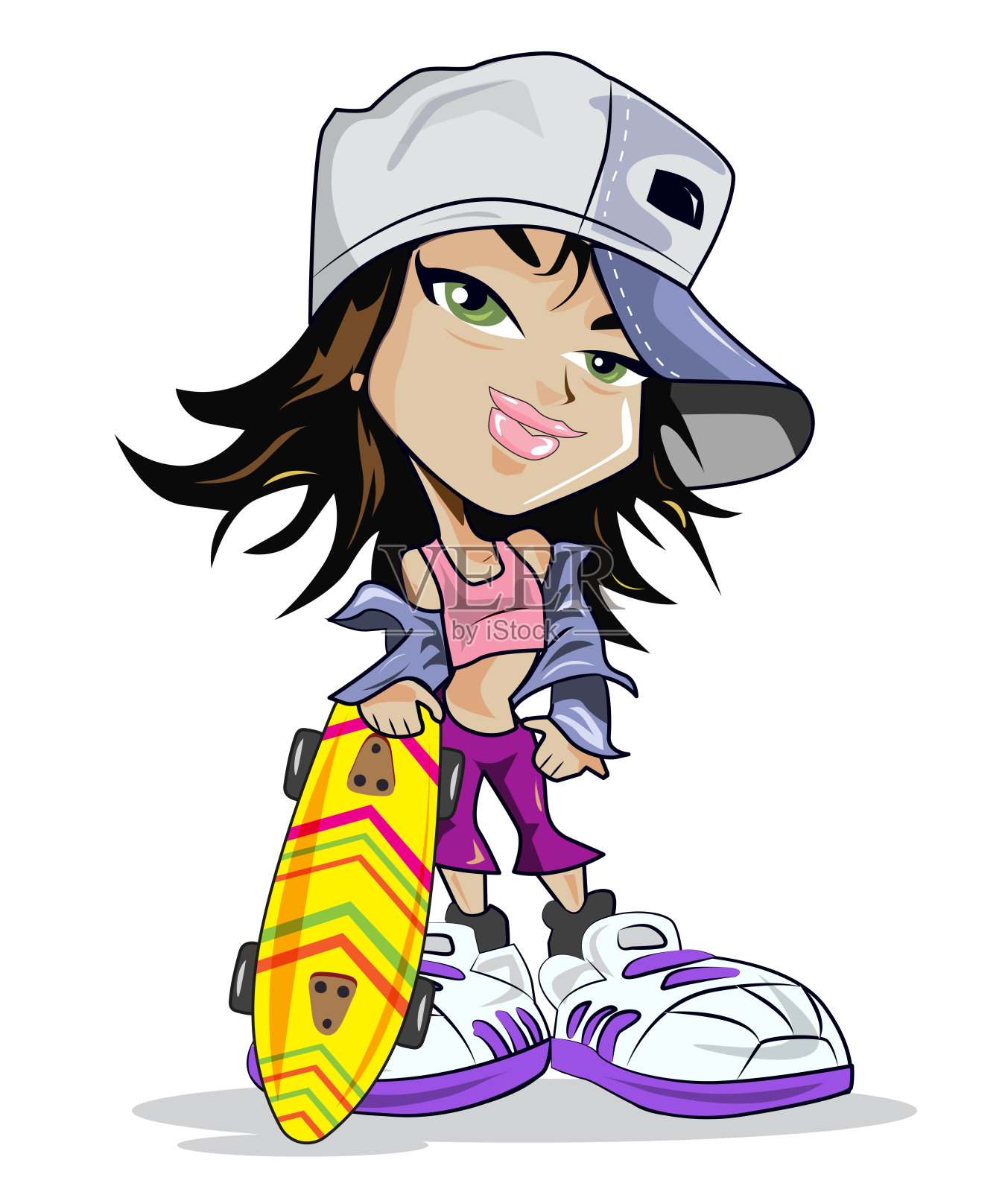 嘻哈女人去冲浪滑板或冲浪滑板。有趣的卡通人物。图形、向量。插画图片素材