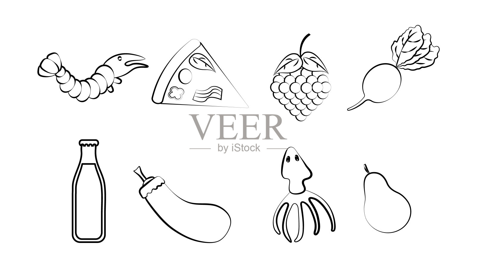 黑色和白色的八种图标的美味的食物和小吃项目的餐厅酒吧咖啡厅在一个白色的背景:虾，比萨饼，葡萄，萝卜，苏打水，鱿鱼，梨插画图片素材