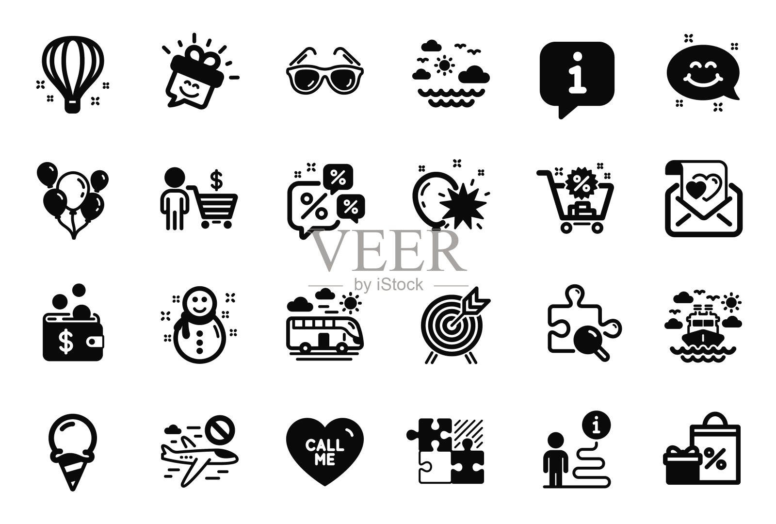 矢量集假日图标相关的冰淇淋，打电话给我和微笑聊天。向量图标素材