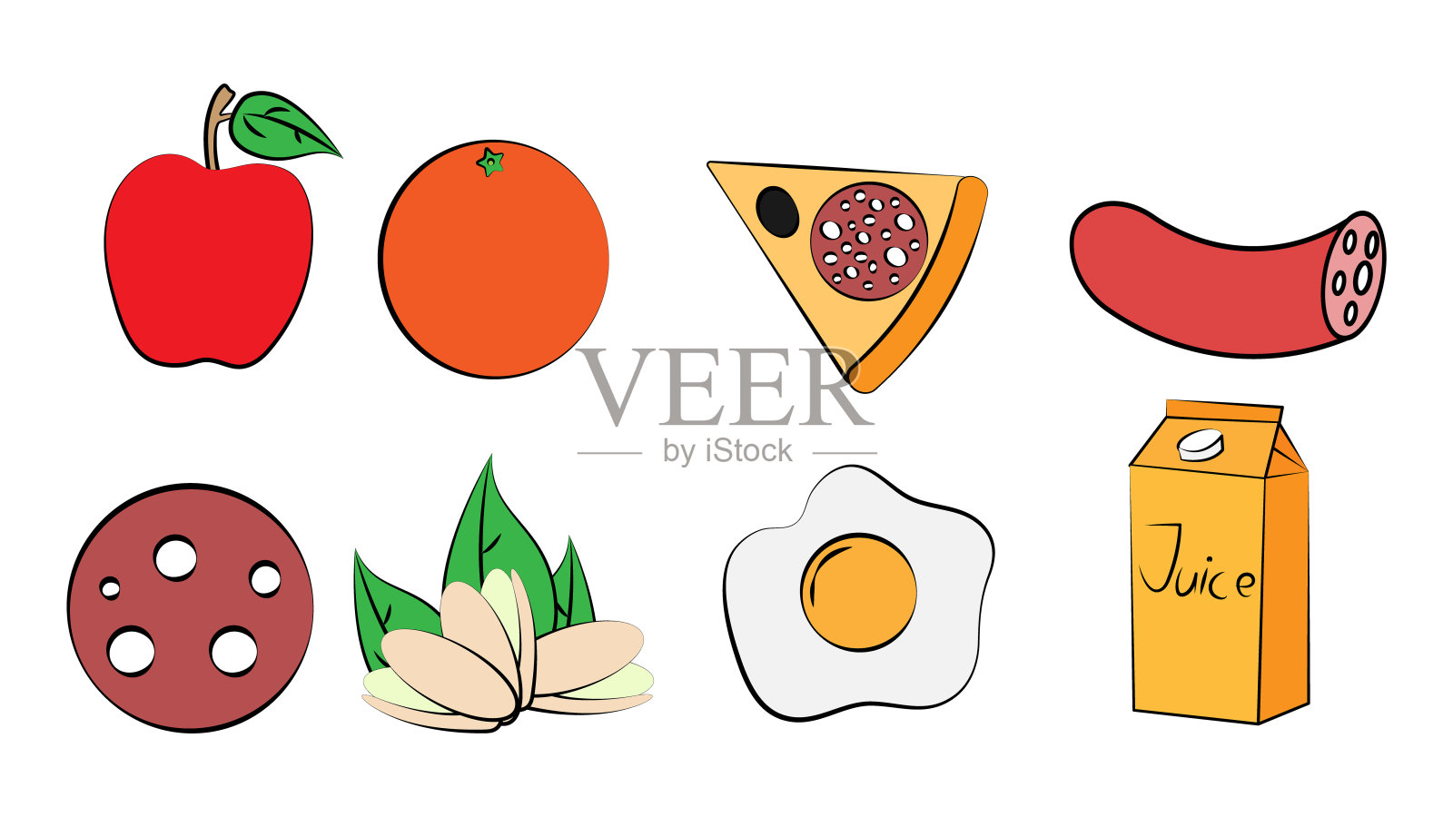 一个白色背景上的咖啡馆酒吧餐厅的美味食物和零食的八种图标:苹果，橘子，披萨，香肠，fistatski，鸡蛋，果汁插画图片素材