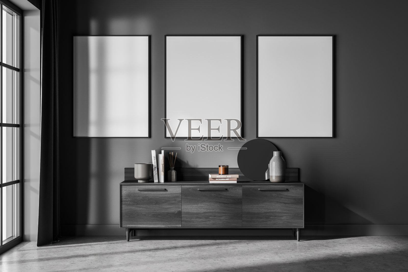 黑暗的艺术室内的抽屉，书籍和装饰，模拟海报照片摄影图片