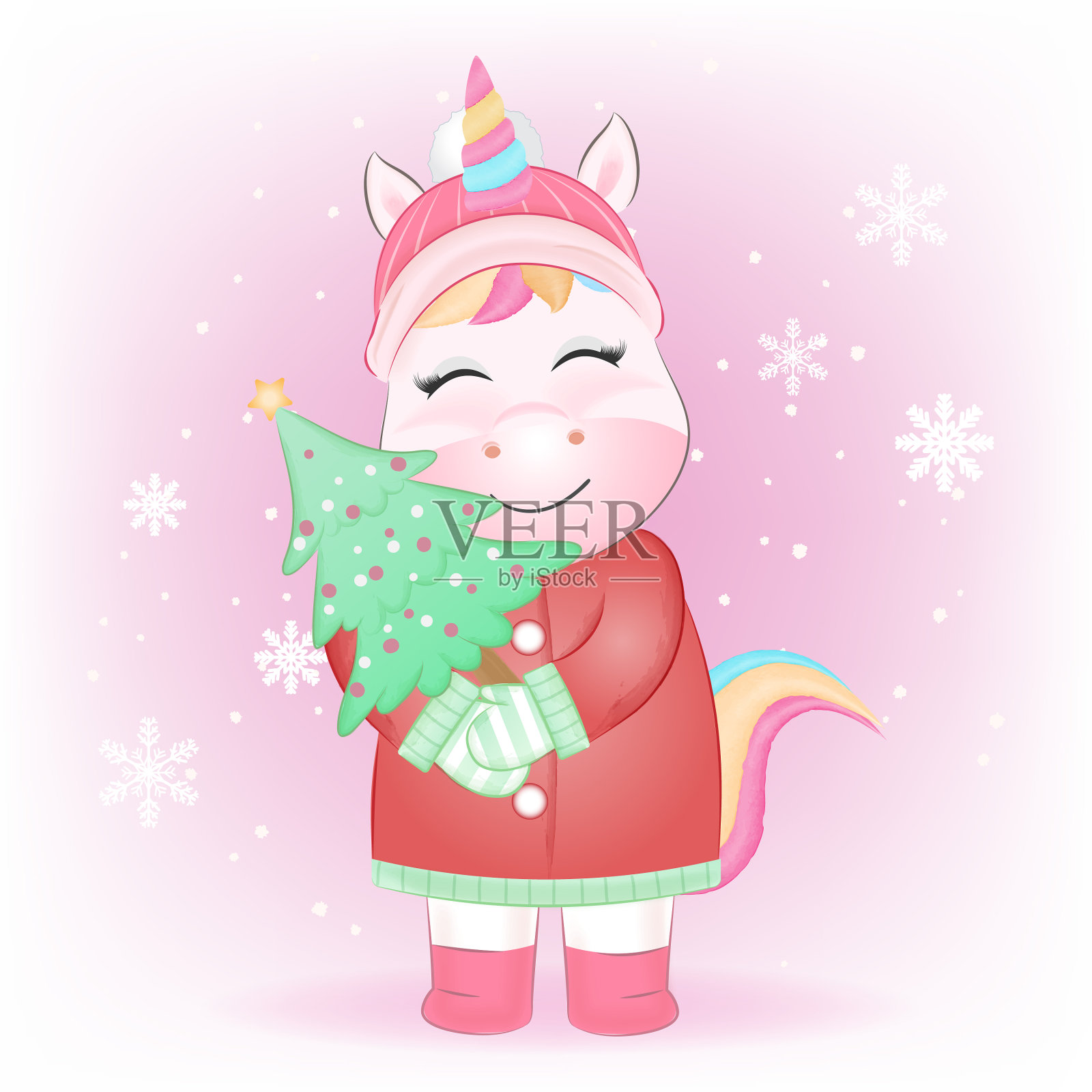 可爱的小独角兽与松树水彩画插画图片素材