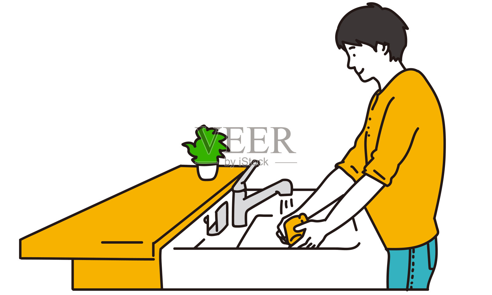 男人在洗杯子插画图片素材