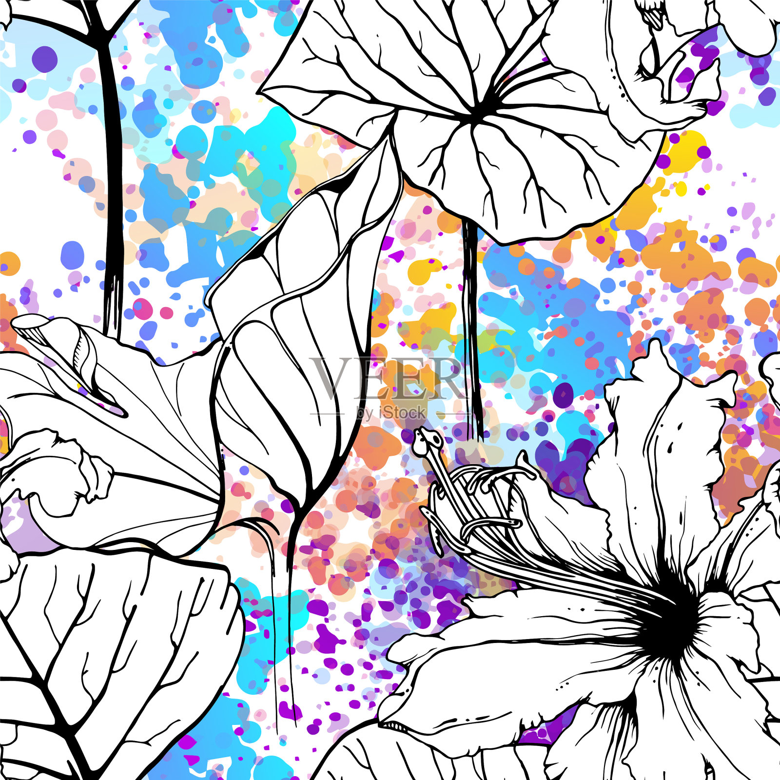 花卉黑白图案现代水彩画插画图片素材