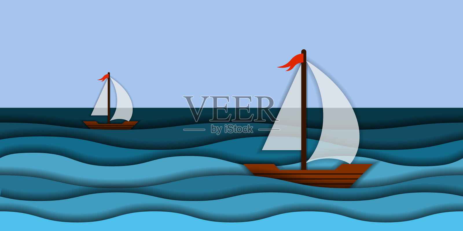 剪纸三维海浪和帆船现代纸插画图片素材