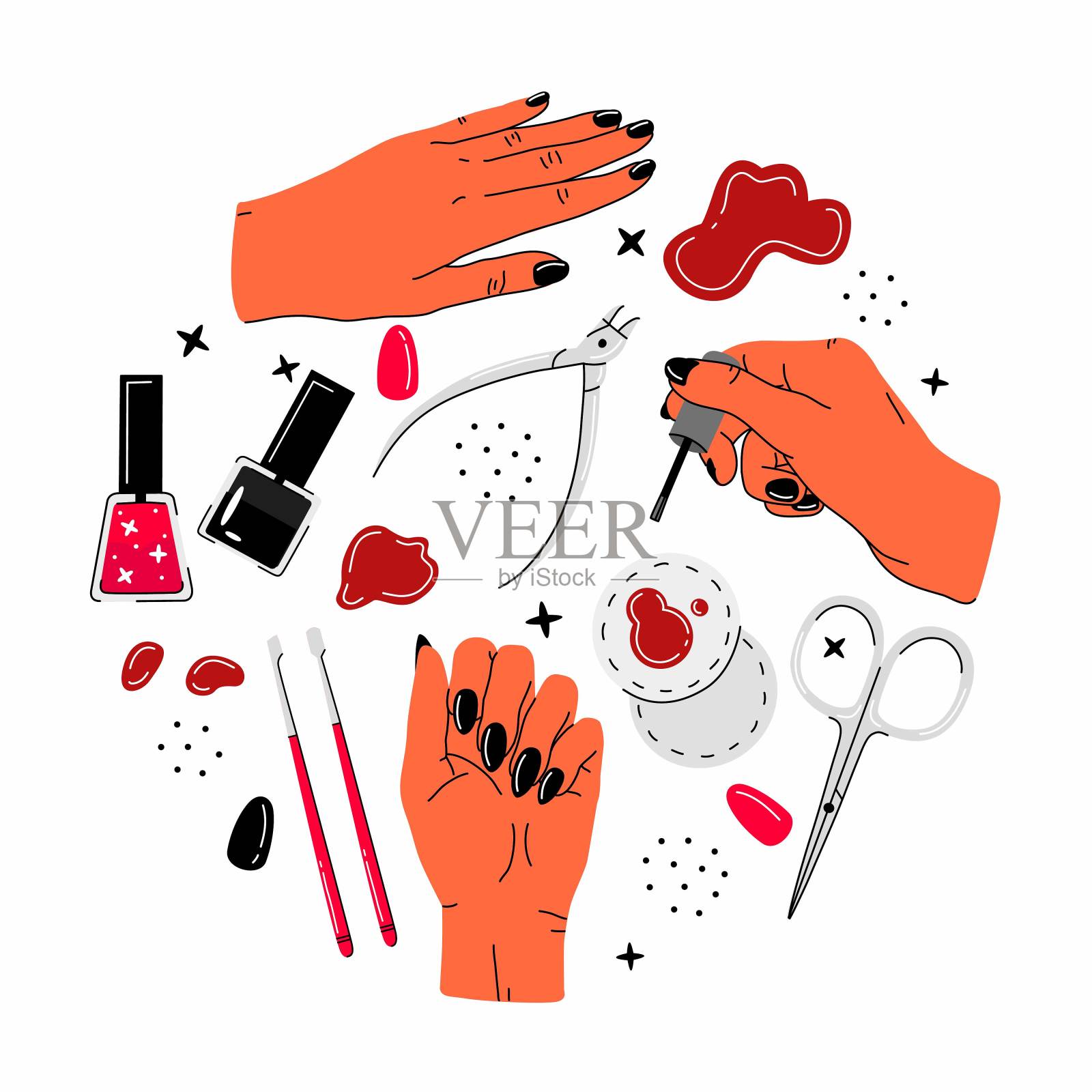 一套各种项目和元素的美甲和足疗卡通风格。插图孤立在背景上。收集美甲工具。插画图片素材