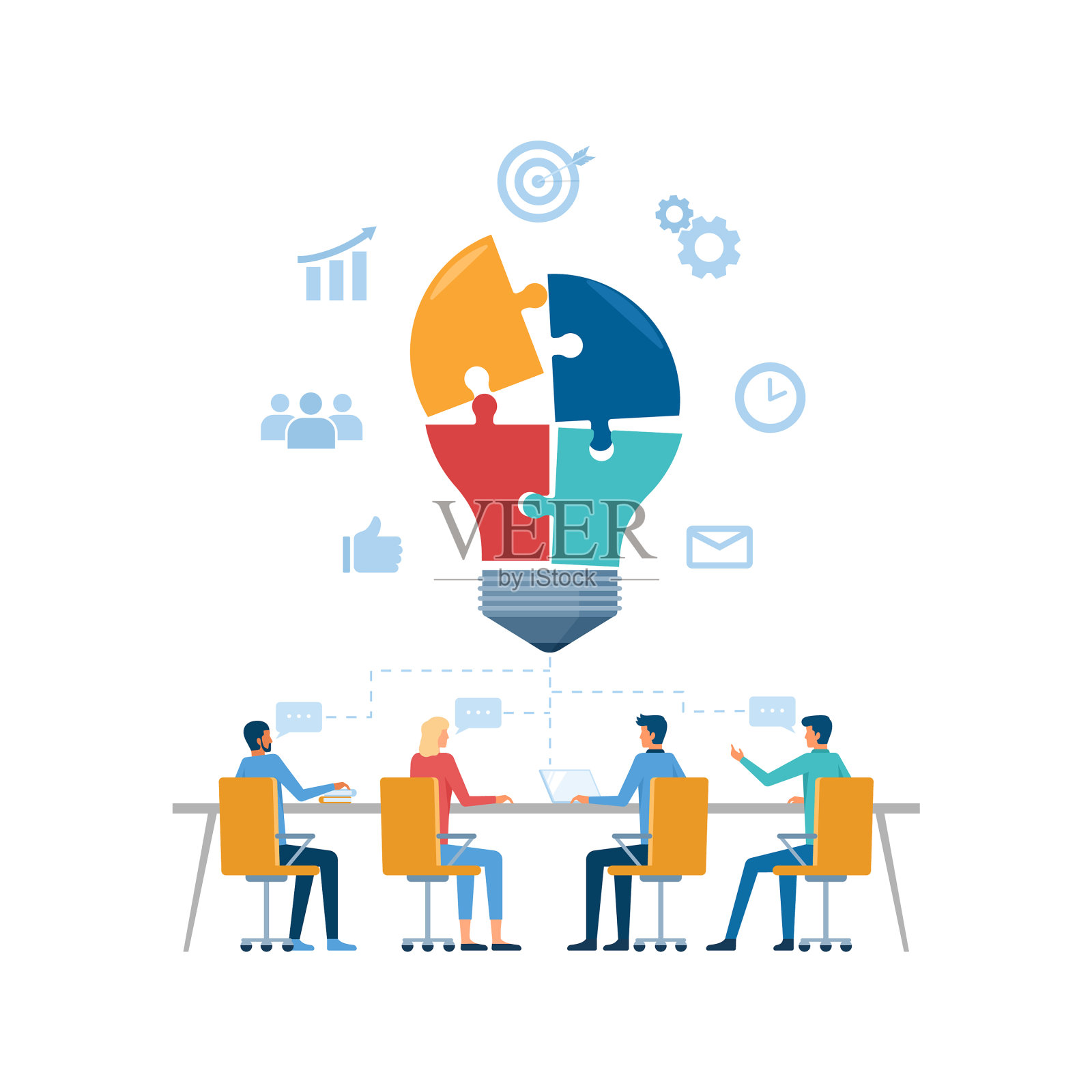 为头脑风暴召开扁平的业务团队会议插画图片素材