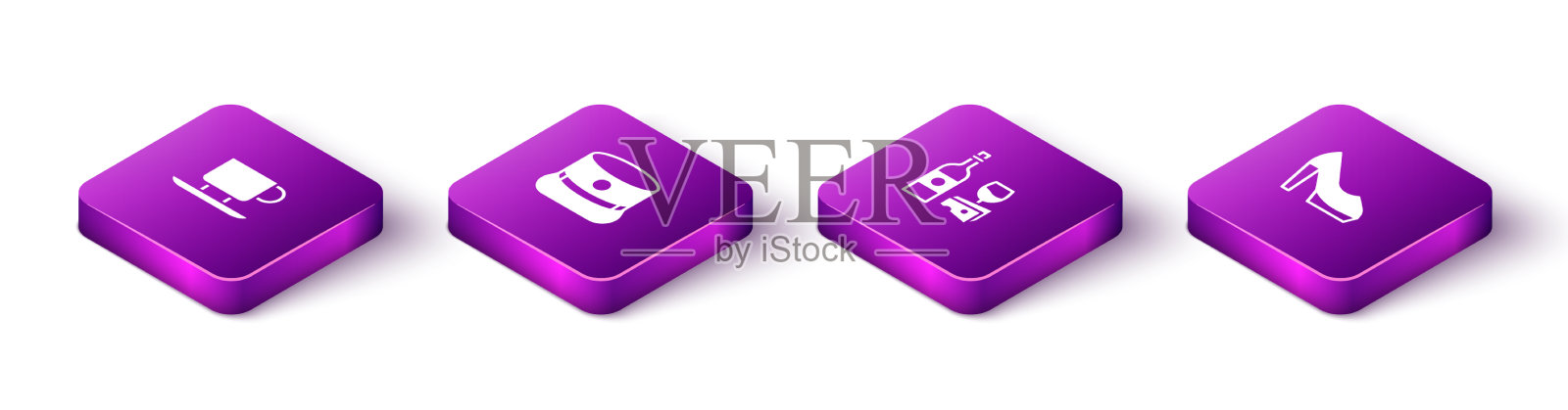 设置等距咖啡杯和葡萄酒瓶图标素材