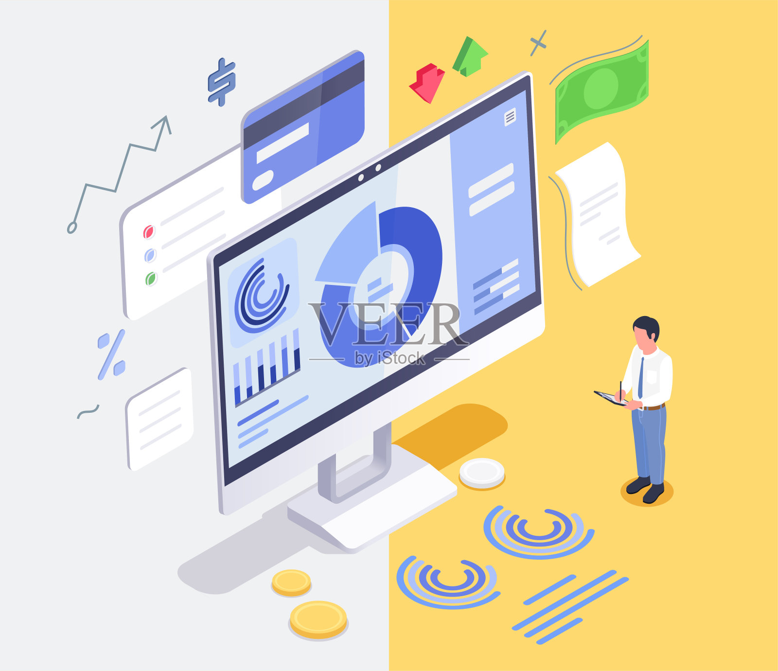 财务管理概念等距。平面三维矢量等距插图高质量的孤立背景。插画图片素材