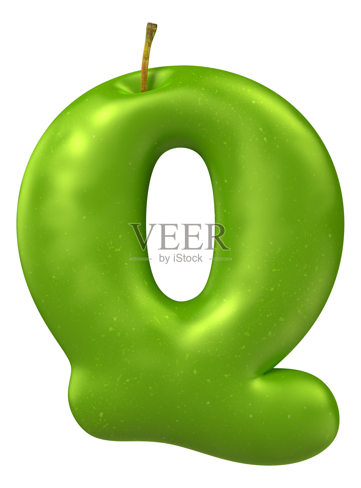 青苹果字母表。字母Q孤立在白色背景上。3 d渲染图像。照片摄影图片