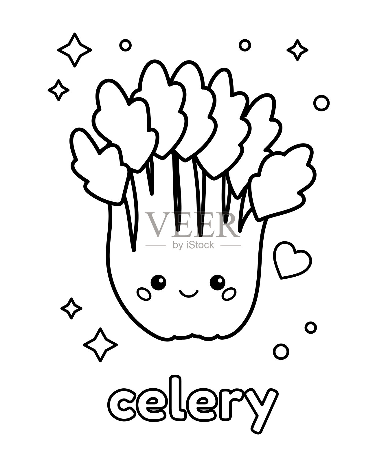 彩色页与可爱的卡通芹菜。卡哇伊的性格和脸。设计元素图片