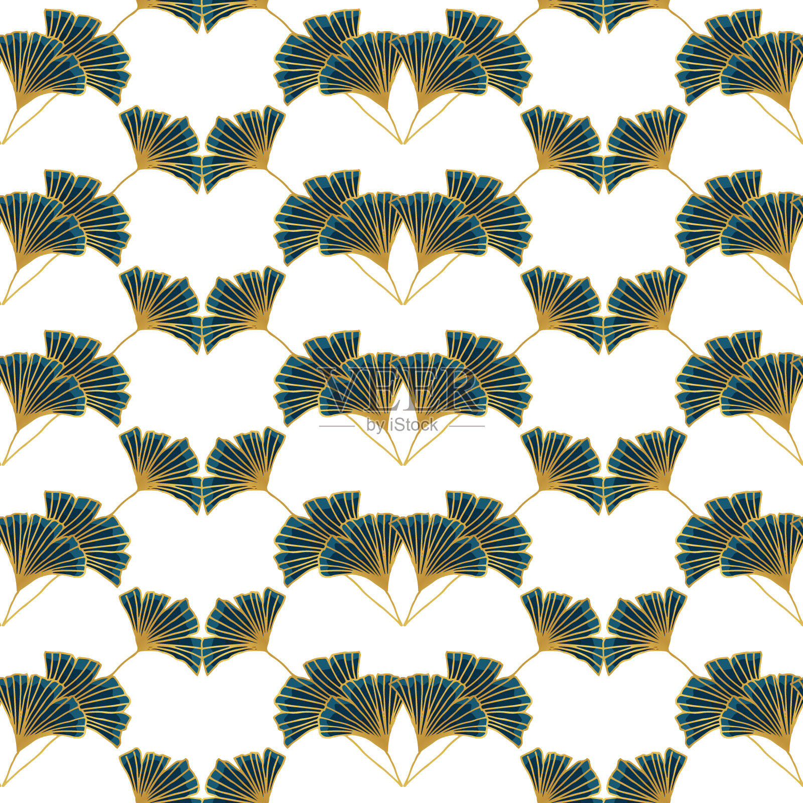 银杏叶与黄金轮廓现代向量无缝模式插画图片素材