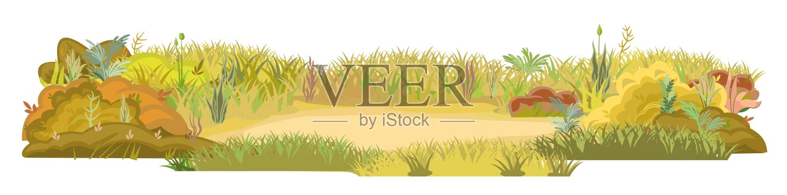 密集的秋天的草地。桑迪的区域。草药泛黄的灌木丛。草地面积。操场。一个地方。美丽而优雅的风景。孤立在白色背景上。平的风格。卡通设计。向量插画图片素材