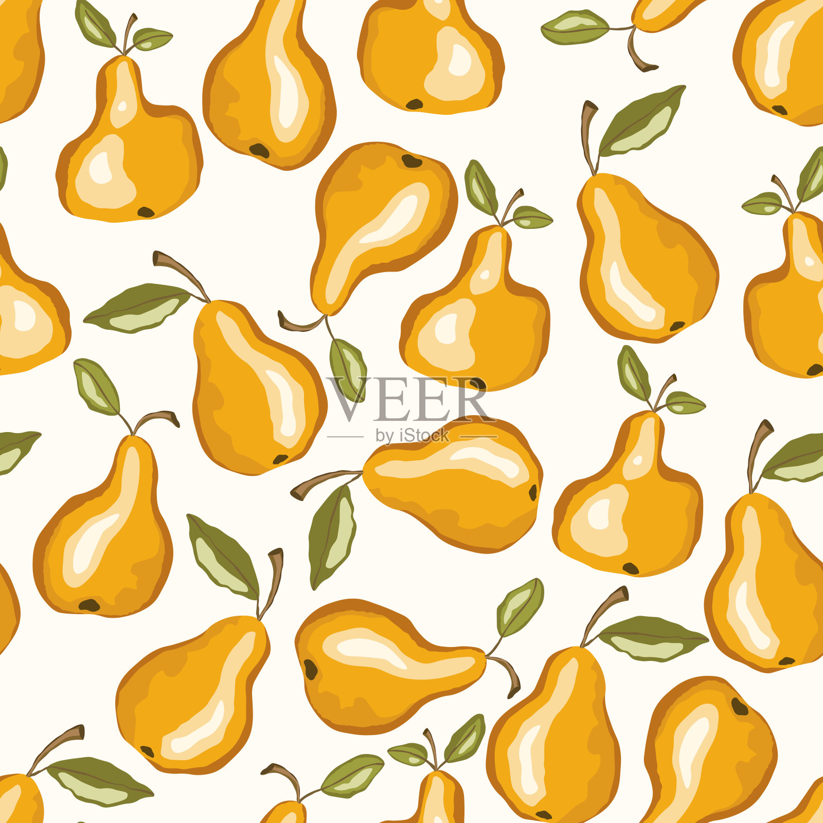 无缝图案与梨在白色的背景。天然美味新鲜成熟美味的水果。矢量插图印刷，织物，纺织品，横幅，其他设计。带有叶子的程式化的梨。食品的概念插画图片素材